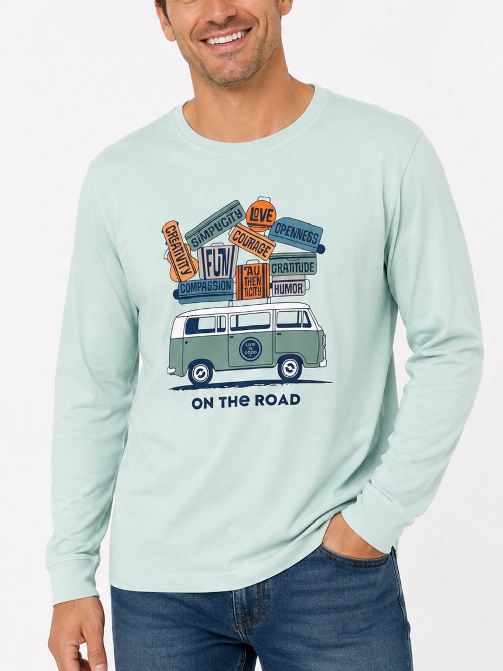 Life is Good Mens Crusher Long Sleeve Graphic Tee Mint Green Van On The Road XL